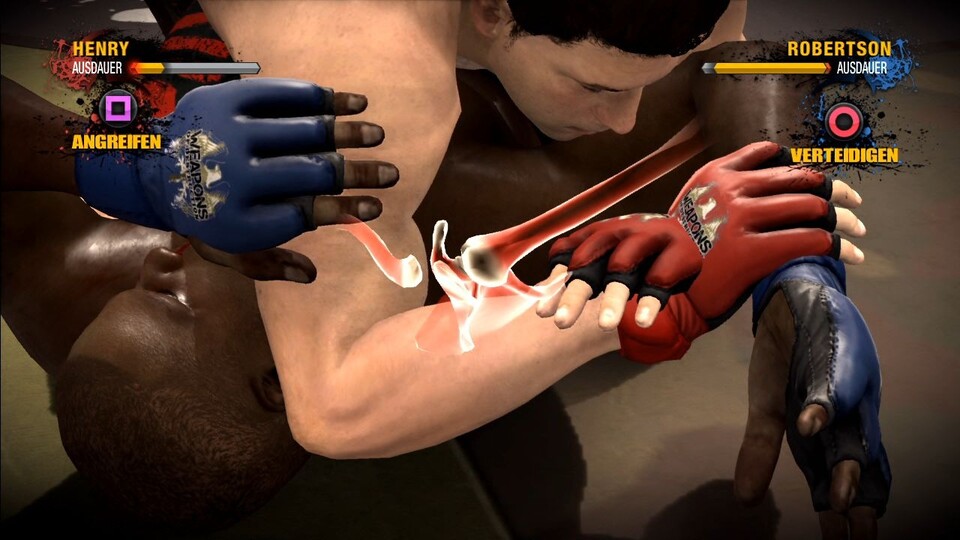 Schön in Szene gesetzt: Bei Aufgabegriffen seht ihr in EA Sports MMA den Druck, der auf die Knochen wirkt.