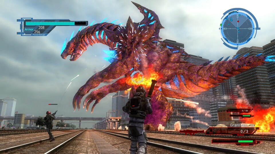 Gemeinsam mit KI-gesteuerten Soldaten geht es gegen so riesige Kaiju wie dieses an Godzilla erinnernde Monster.