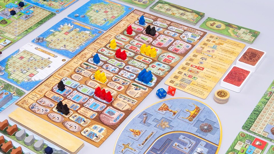 Holzfiguren, Spielkarten, Würfel, Chips und Pappkarten – der Umfang von Ein Fest für Odin ist riesig.