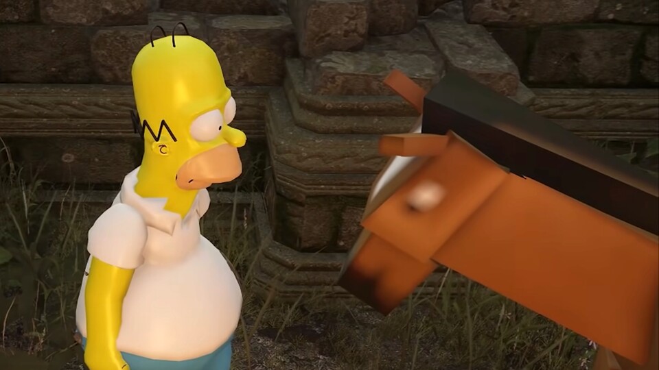 Elden Ring sieht eigentlich ganz anders aus, aber dank Mods können wir darin als Homer Simpson auch dem Pferd aus Minecraft begegnen.
