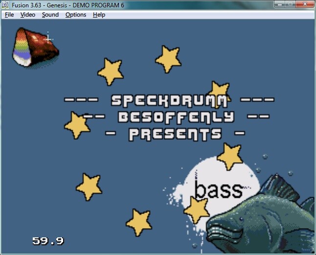 Dieses Bild zeigt das Intro »Bassfish«, das auf mit dem Fusion-Emulator auch mit Sound problemlos läuft.