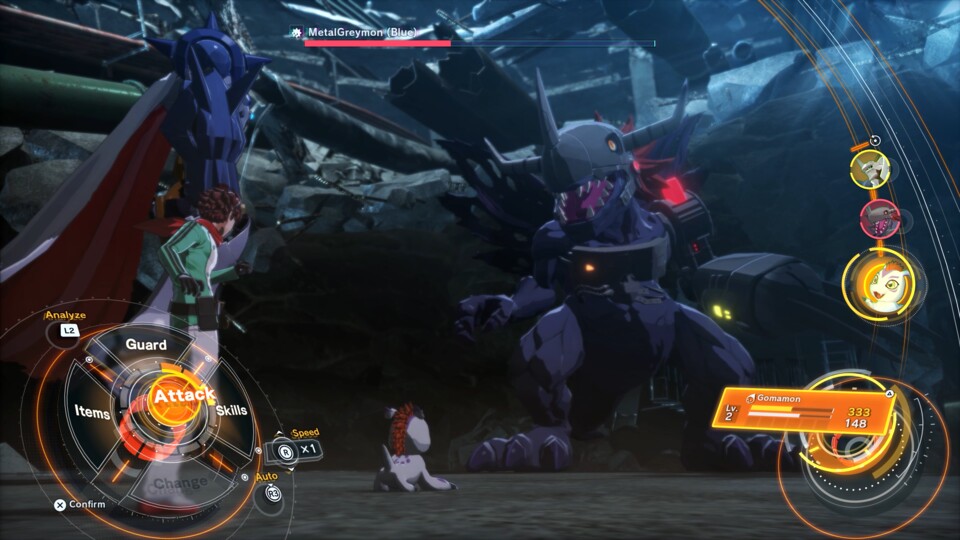 Im ersten Dungeon traf ich auch auf den mächtigen Metal-Greymon, mit dem nicht zu spaßen war. (© Bandai Namco)