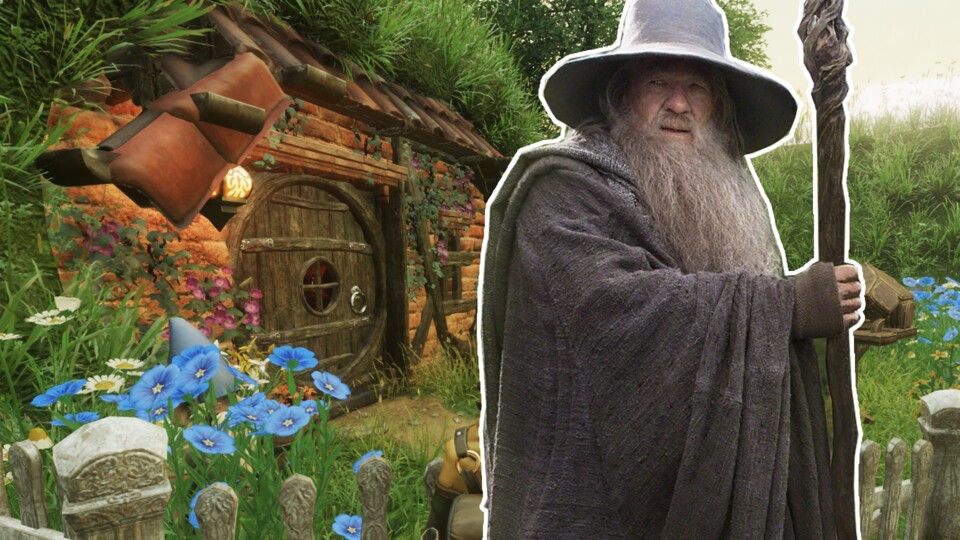 Fans haben in Enshrouded das Auenland nachgebaut. Sie sind mit ihrem Projekt aber lange noch nicht fertig. (Hintergrund © Kontreck, Gandalf © New Line Cinema)