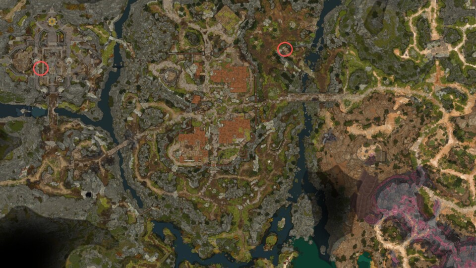 Auf der Karte seht ihr rechts die Höhle, links den Fundort im Goblin-Lager.