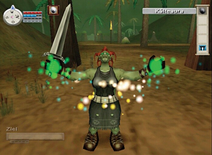 Bestimmte Zauber erhöhen eure Statuswerte. Hier zaubert die Troll-Schattenritterin gerade eine Kälte-Aura auf sich, die Schaden auf den Feind zurückwirft. Screen: Playstation 2