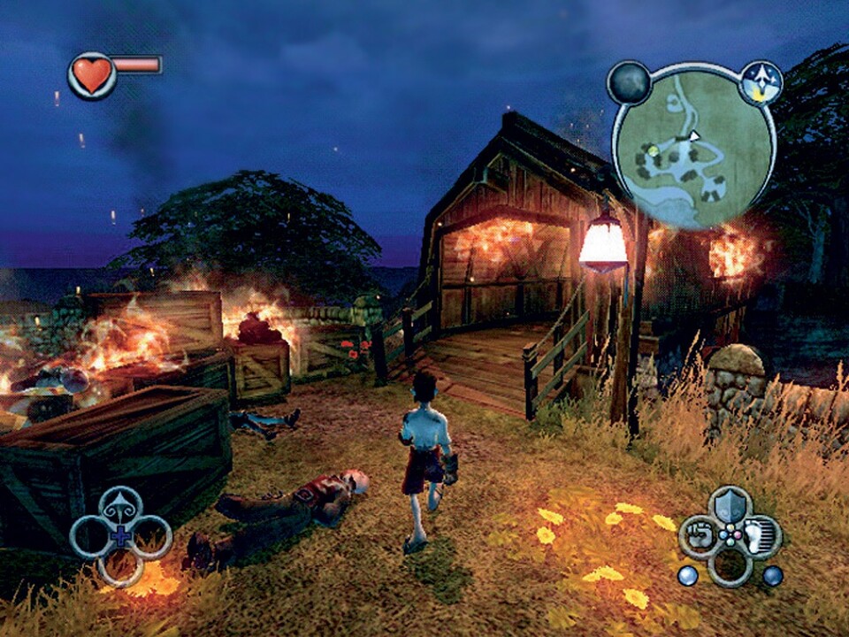 Das friedliche Leben der Menschen in Oakvale wird von einer Räuberbande zerstört - das Dorf steht in Flammen. Screen: Xbox