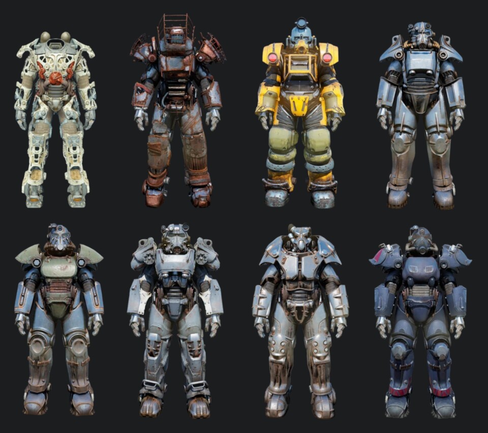 Hier seht ihr Powerrüstungen, die es in Fallout 76 gibt. Den Basis-Rahmen, die Raider-Rüstung, das Excavator-Modell, T-45, T-51, T-60, X-01 und die Ultracite-Power Armor.