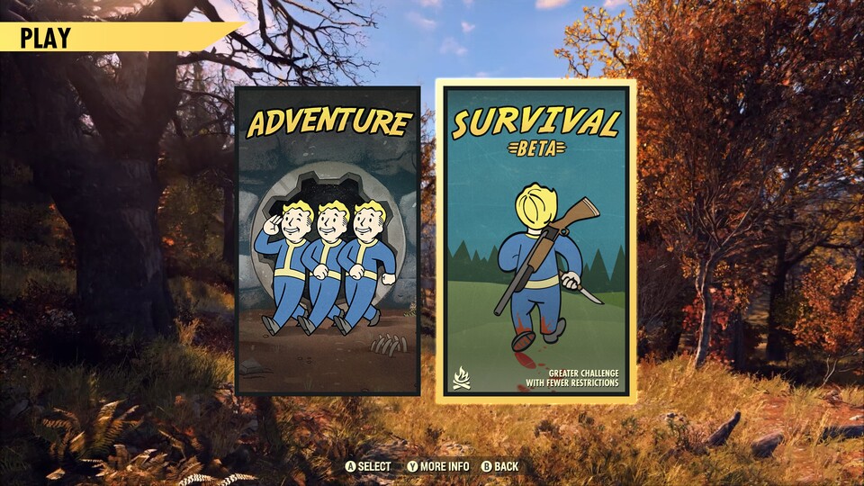 Den neuen Survival-Modus von Fallout 76 könnt ihr im Hauptmenü auswählen. Charaktere lassen sich zwischen beiden Modi hin und her transportieren.