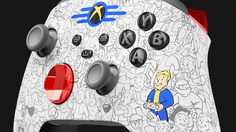 Der Vault Boy in seinen verschiedensten Inkarnationen schmückt den neuen Fallout Xbox Controller.