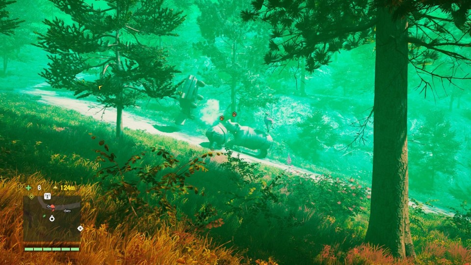 In Far Cry 4 sind wir dauernd high. Hier müssen wir uns im Delirium und ohne Waffen durch die Landschaft schlagen. Aggressive Rhinos umgehen wir da besser weitläufig. 