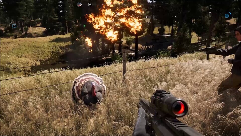 Im ersten Far Cry 5-Live Event &quot;Gut durch&quot; sollen wir Tiere abfackeln, ohne Molotov-Cocktails oder einen Flammenwerfer zu benutzen.