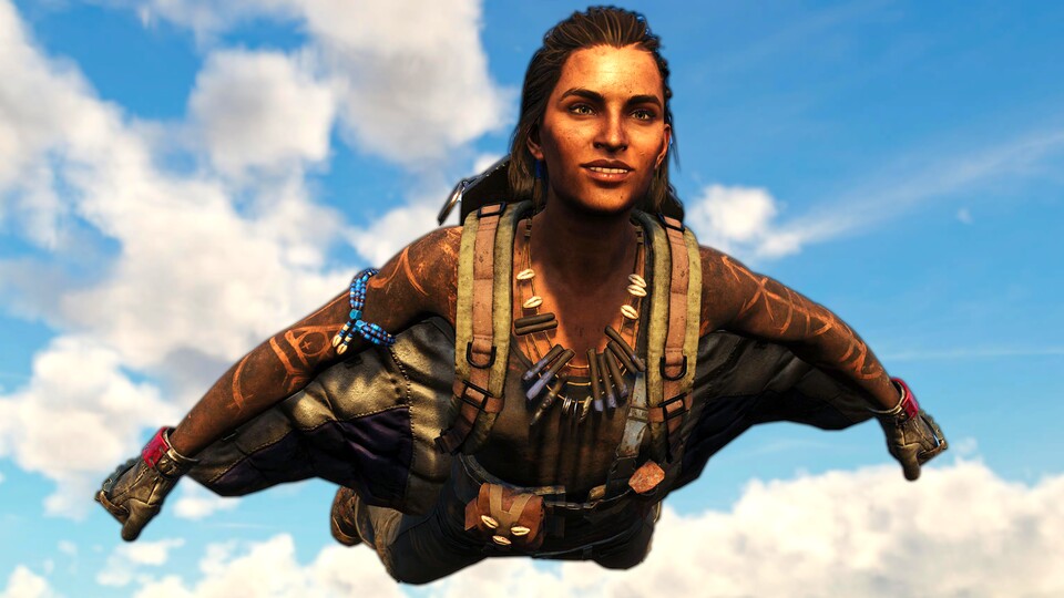 Far Cry 6 bietet viel spaßige Action. Hier gleitet Dani mit einem Wingsuit durch die Luft.