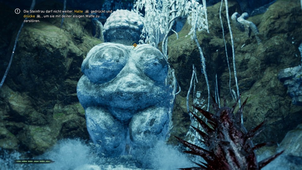 In einer Traumsequenz jagen wir eine gigantische Figur, die der Venus von Willendorf nachempfunden ist. Coole Idee.