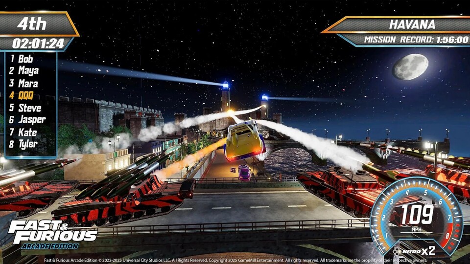 Über eine Brücke voller schwerer Artillerie springen, die aus allen Rohren feuert? Kann in Fast + Furious: Arcade Edition schon mal vorkommen.