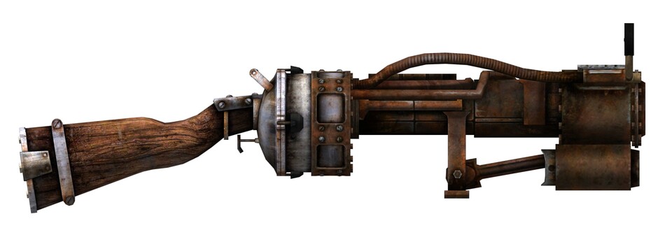 Die Railway Rifle verschießt Gleisnägel und besteht aus einer Krücke, einer Fissionsbatterie, einem Dampfkochtopf und einem Dampfaggregat.