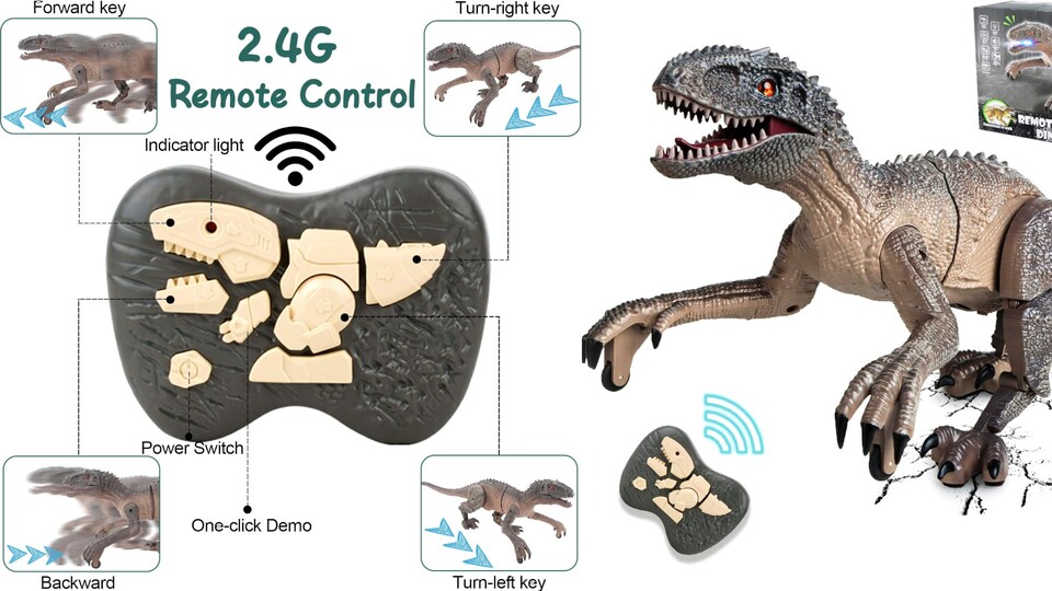 Die Fernsteuerung des Dinosauriers ist auf den ersten Blick etwas seltsam gestaltet, man findet sich aber schnell zurecht.