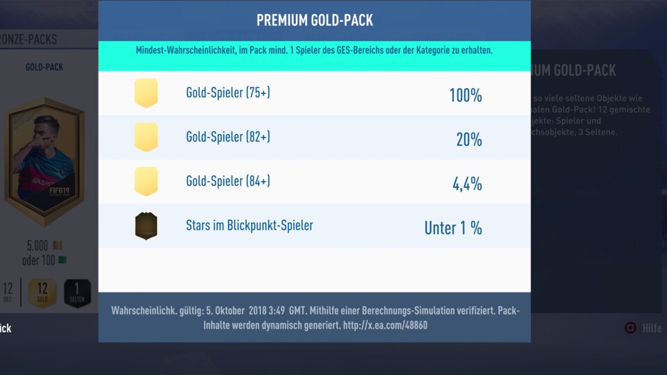 Die Wahrscheinlichkeiten ein bestimmtes Spielerrating im Premium Gold Pack zu erhalten. 