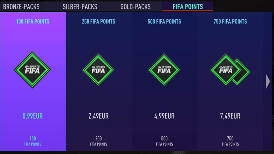 5 Euro werden für 500 FIFA Points fällig. Für den Preis gibt es bspw. drei der beliebten Premium Gold Packs. 