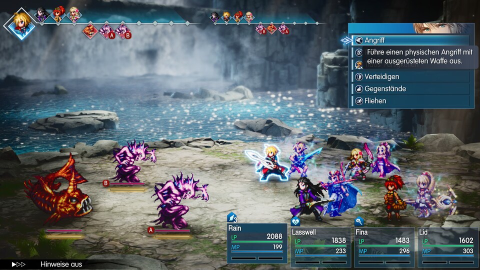Beim Kampfsystem ähnelt Final Fantasy Resonance weniger der Vorlage oder den neueren Final-Fantasy-Spielen, sondern eher Final Fantasy X.