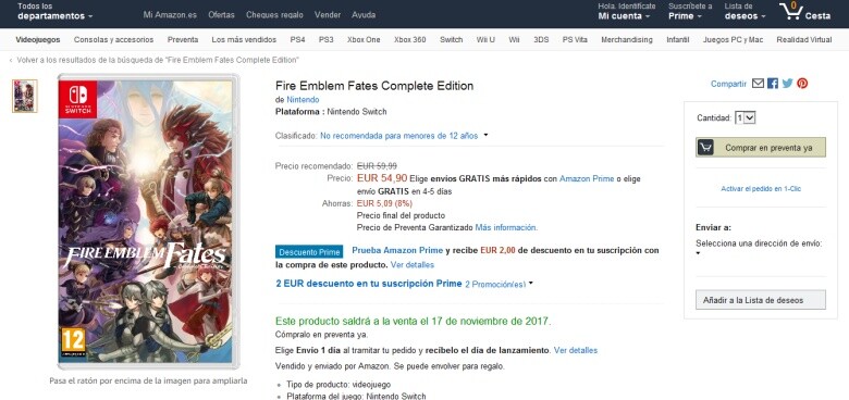Fire Emblen Fates Switch auf Amazon.es