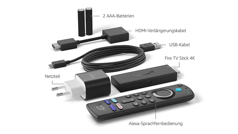 Der Fire TV Stick 4K wird mit einigem Zubehör geliefert, das wichtigste ist natürlich die Alexa-Sprachfernbedienung.