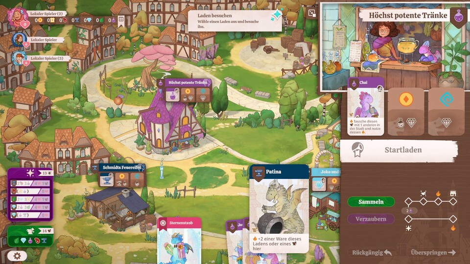 Ranzoomen lohnt sich: An vielen Läden könnt ihr kleine Details entdecken, mit der die Spielwelt im Vergleich zum originalen Spielbrett erheblich aufgewertet wird – aber auch etwas unübersichtlicher wird.