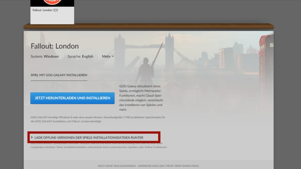 Hier findet ihr die Option, um Fallout: London ohne GOG Galaxy manuell runterzuladen.