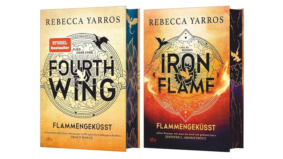 Die wundervollen Farbschnitte von Fourth Wing und Iron Flame sind in jedem Bücherregal ein absoluter Blickfang!