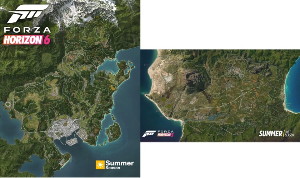 Map-Vergleich: Forza Horizon 6 (links) und Forza Horizon 5 (rechts).