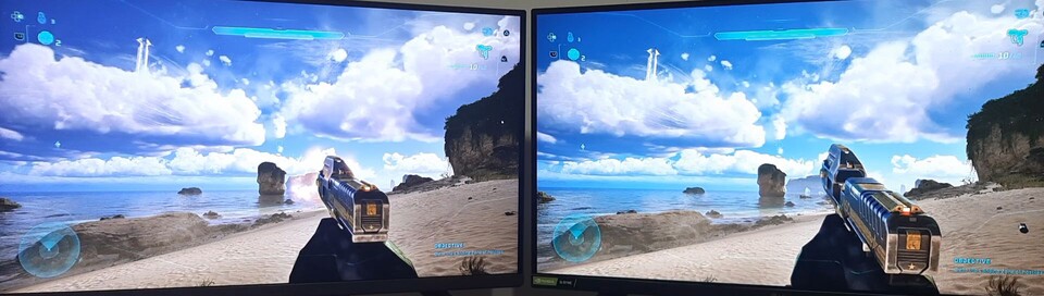 Links (mit Frame Generation) geht der Schuss erst los, während er rechts im Signal ohne Lag schon vor 6 Frames abgefeuert wurde.