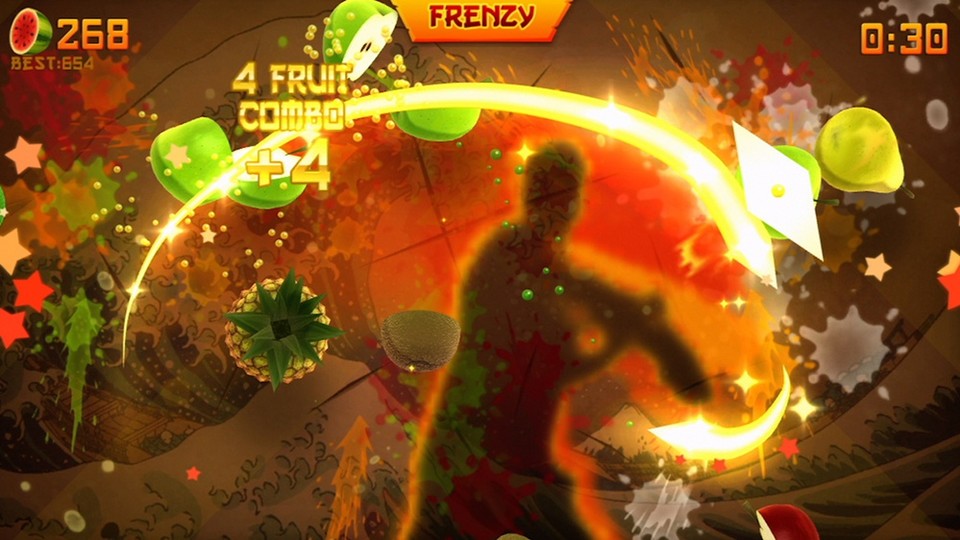 Es muss nicht immer Blut sein: In Fruit Ninja Kinect läuft nur Fruchtsaft über den Bildschirm.