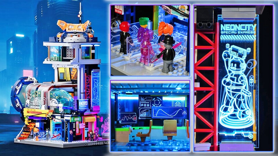 Neben Bussen und Autos bietet die Cyberpunk-Stadt von Lumibricks auch einen Schwebezug zum Transport.