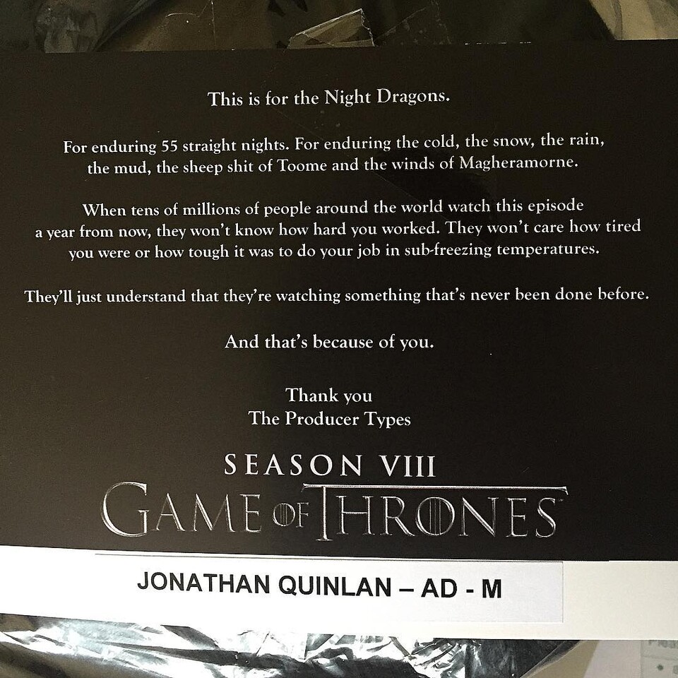 Ein Screenshot des inzwischen wieder gelöschten Post auf Instagram von Jonathan Quinlan, Regie-Assistent des Serienhits Game of Thrones.