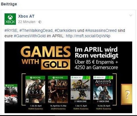 Facebook-Eintrag der Games with Gold für April.