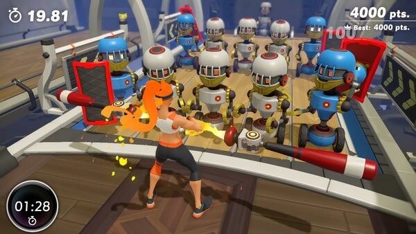 Auch in Ring-Fit Adventure wird uns das Spiel- und Sportvergnügen durch Damage-Zahlen versüßt. In den Minigames müssen dabei ausnahmsweise mal nicht Monster sondern Roboter als Sparringspartner herhalten.