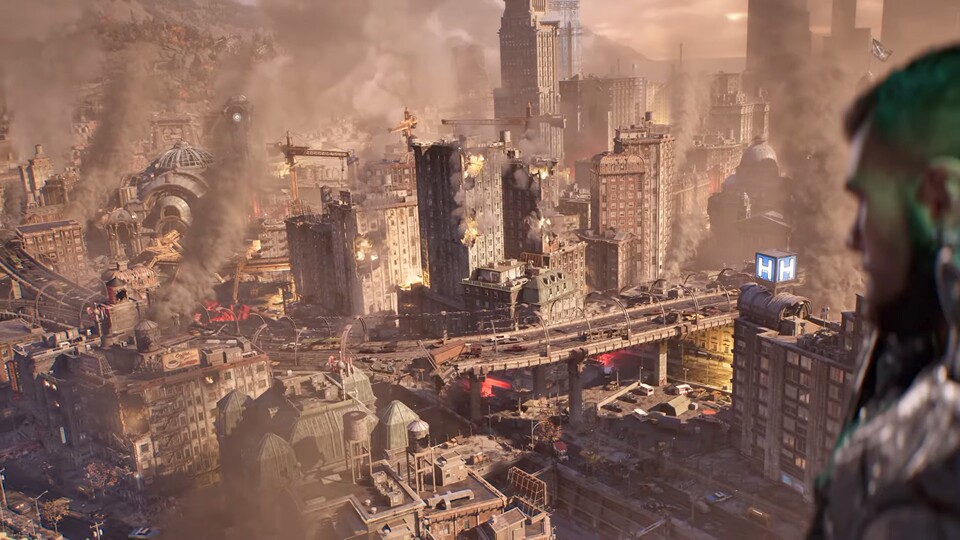 In E-Day verteidigen die Gears Kalona, eine riesige Stadt, die nach und nach von den Locust dem Erdboden gleichgemacht wird. Sie zeigt sich mit Unmengen an Details, einer effektvollen Zerstörung und einigen Ray-Tracing-Effekten.