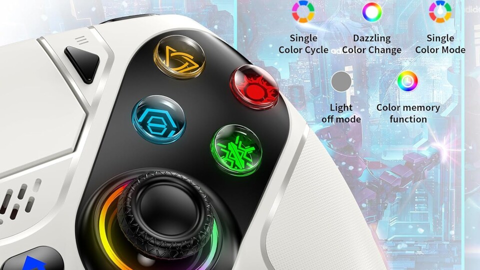 Die RGB-Beleuchtung der Sticks bietet verschiedene Modi, die ihr durch eine Taste auf der Vorderseite einstellen könnt.