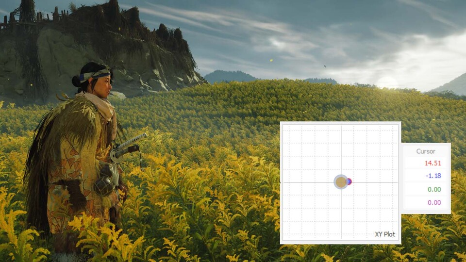 Wir haben die Deadzones des linken Sticks markiert. Der kleinere, orangene Kreis zeigt den nicht erfassten Bereich ohne Ausgleich, der größere in GP-Petrol hingegen mit. In Lila ist der Punkt gekennzeichnet, an dem sich Atsu bewegen würde.
