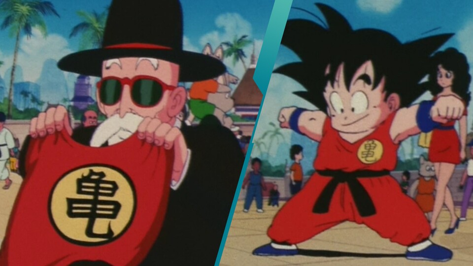 Muten Roshi übergibt Son Goku sein Gi mit Muten Roshis Schriftzeichen Schildkröte. (Bild: ©Toei Animation Akira Toriyama)