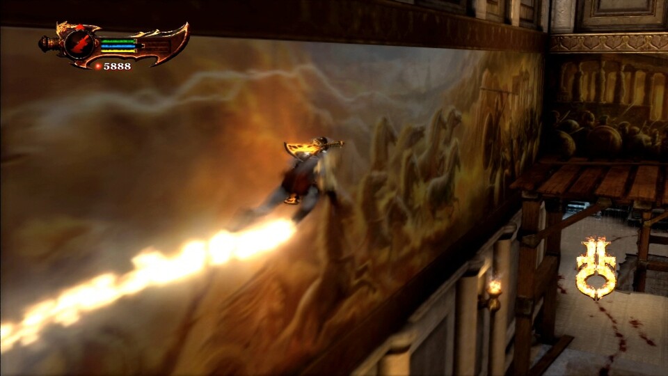 God of War 3: Mit den Stiefeln des Hermes läuft Kratos an Mauern entlang und geht im wahrsten Sinne des Wortes die Wand hoch. [PS3]
