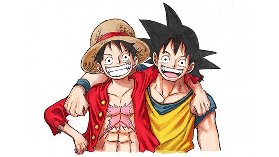 Viele Jahre später zeichnete Oda Ruffy und Goku zusammen nebeneinander. (© Eiichiro Oda, Akira Toriyama Shueisha)