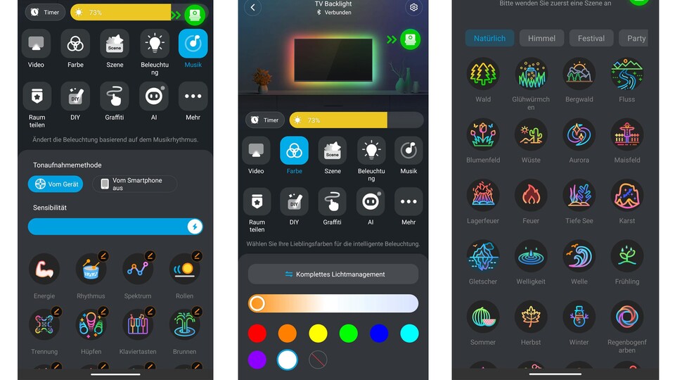 In der Govee-App könnt ihr nicht nur die Intensität des Ambilights einstellen, sondern es gleichermaßen auch als indirekte Lampe benutzen. Ich liebe das!