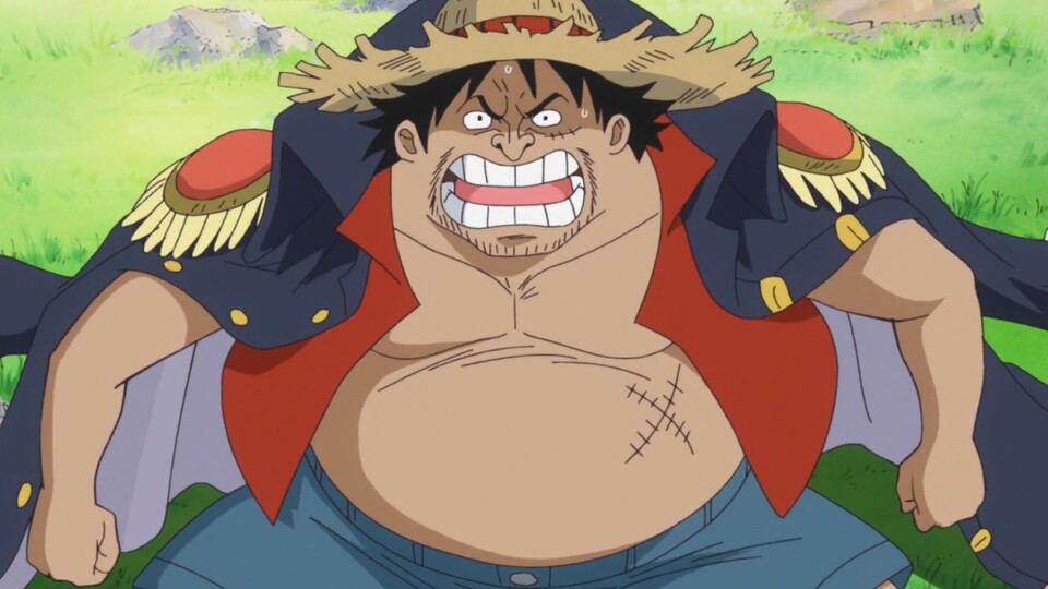 Demalo Black gibt sich für Ruffy aus. Er hat sogar an die Narben gedacht, auch wenn eine an der falschen Stelle ist. (Bild: © Toei Animation)