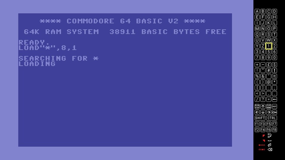 Kurze Befehle lassen sich problemlos über die Bildschirmtastatur eingeben. Für eine intensivere Beschäftigung mit dem C64-Basic und externen Spieledateien empfiehlt sich der Anschluss einer Tastatur.
