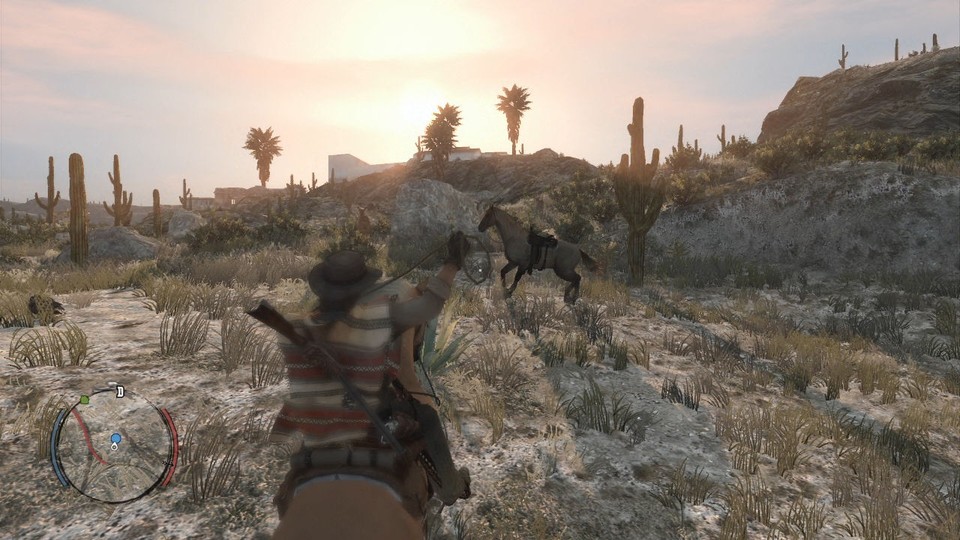 Im Sonnenuntergang von Nuevo Paraiso fängt Marston in Red Dead Redemption ein geklautes Pferd per Lasso wieder ein, den Dieb hat er vorher aus dem Sattel geballert. [360]