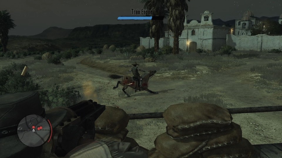 Die schwere, auf einem Zug montierte Gatling-Gun in Red Dead Redemption hat keine Zielhilfe, braucht sie aber eigentlich auch nicht. [360]
