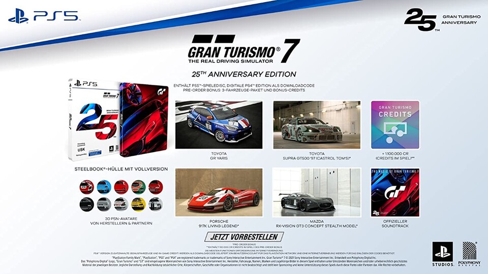 Mit der Gran Turismo 7 25th Anniversary Edition bekommt ihr neben dem Spiel für PS4 und PS5 auch ein Steelbook und zusätzliche Ingame-Inhalte.