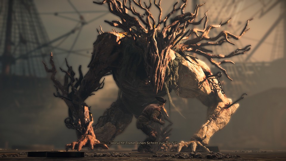 Die riesigen Monster erinnern vom Design an Spiele wie Bloodborne oder die The Witcher-Serie. 