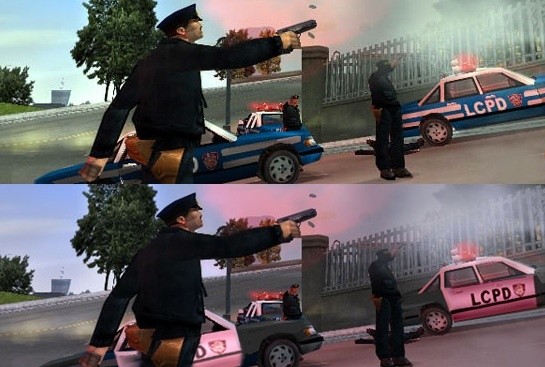 Vor und nach dem 11. September 2001: Die Farbgebung der Polizei in GTA 3 wurde angepasst, um nicht zu sehr an New York zu erinnern.