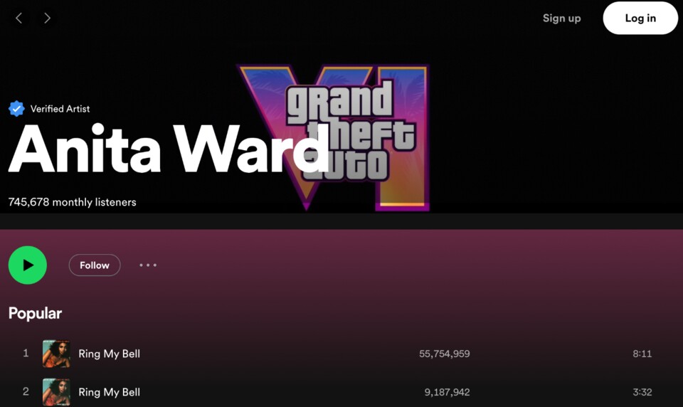 Der GTA 6-Banner auf der Spotify-Page von Anita Ward.